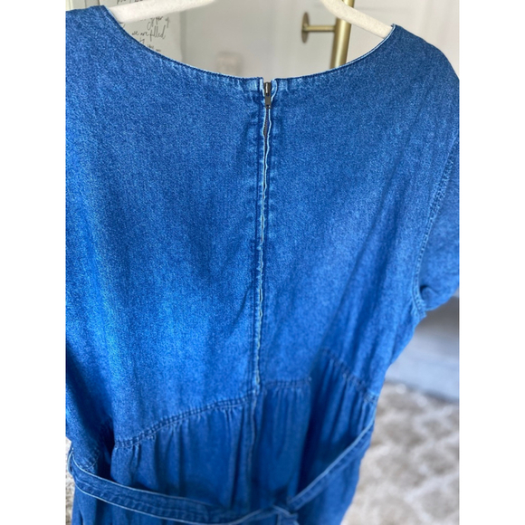 Vintage Erika Denim Maxi Dress Floral Embroidery Cottagecore V Neck Prairie Boho - Picture 9 of 13